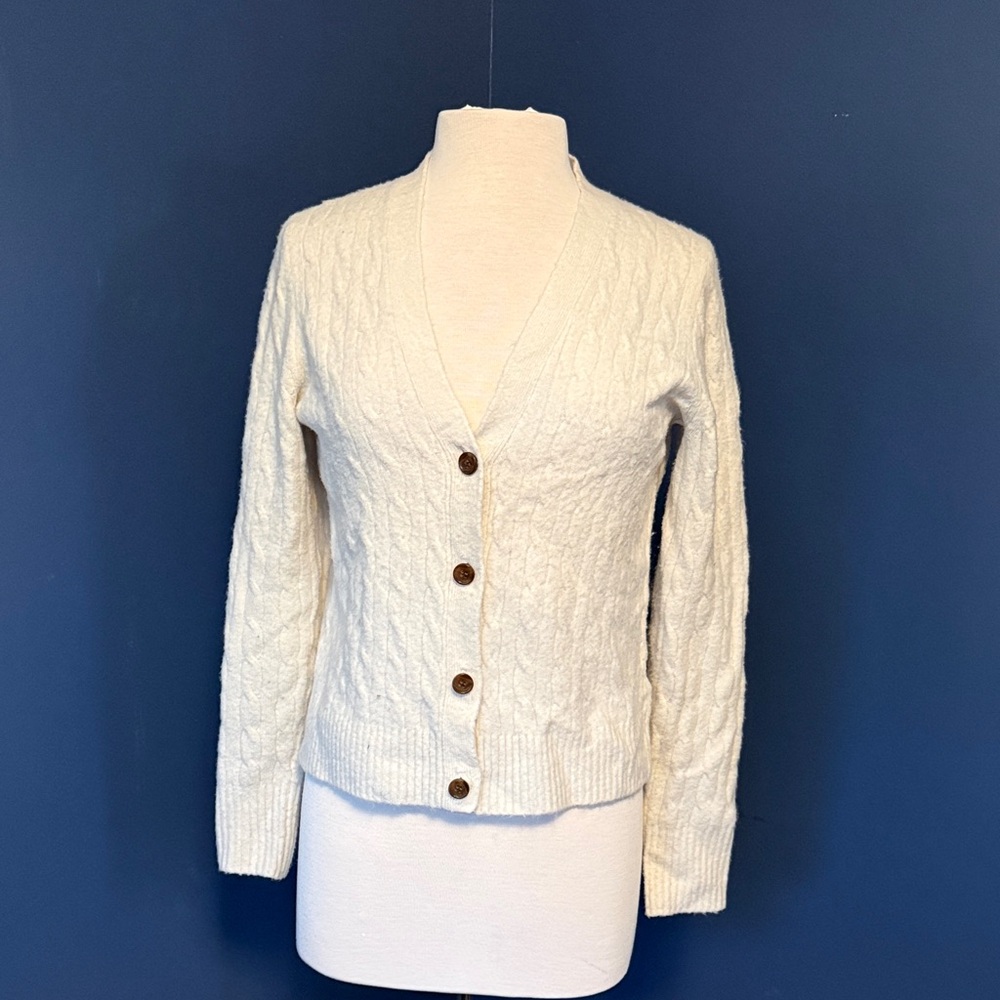 J. Crew Cream Cable-Knit V-Neck Button Cardigan